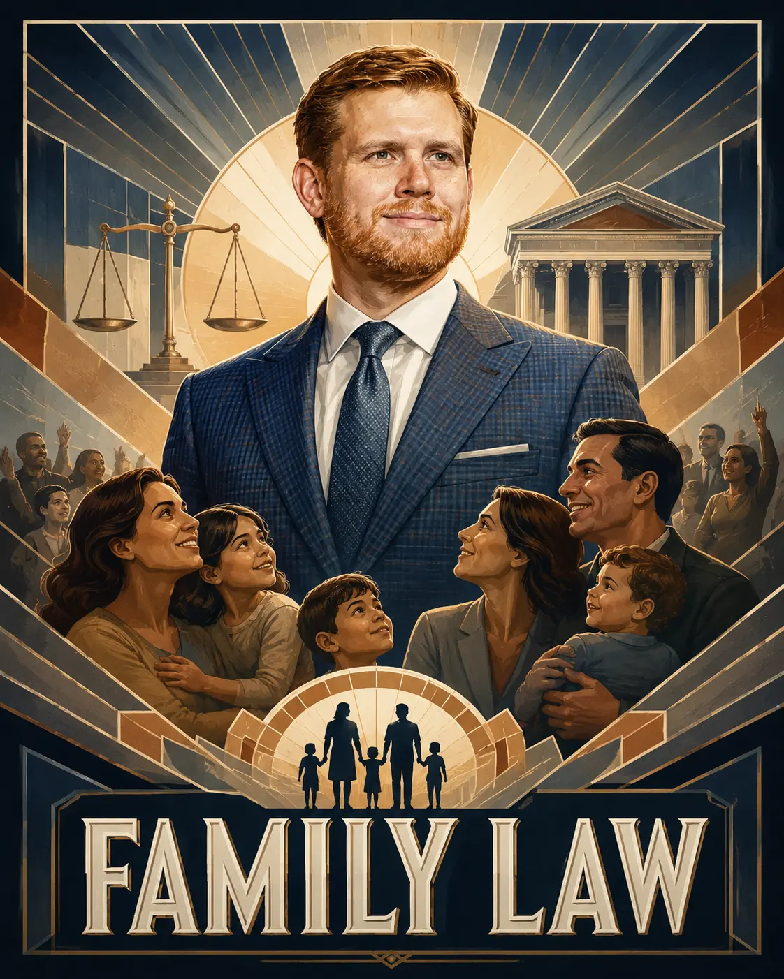 Illustration of an attorney with parents, children, courthouse columns, and scales for family law