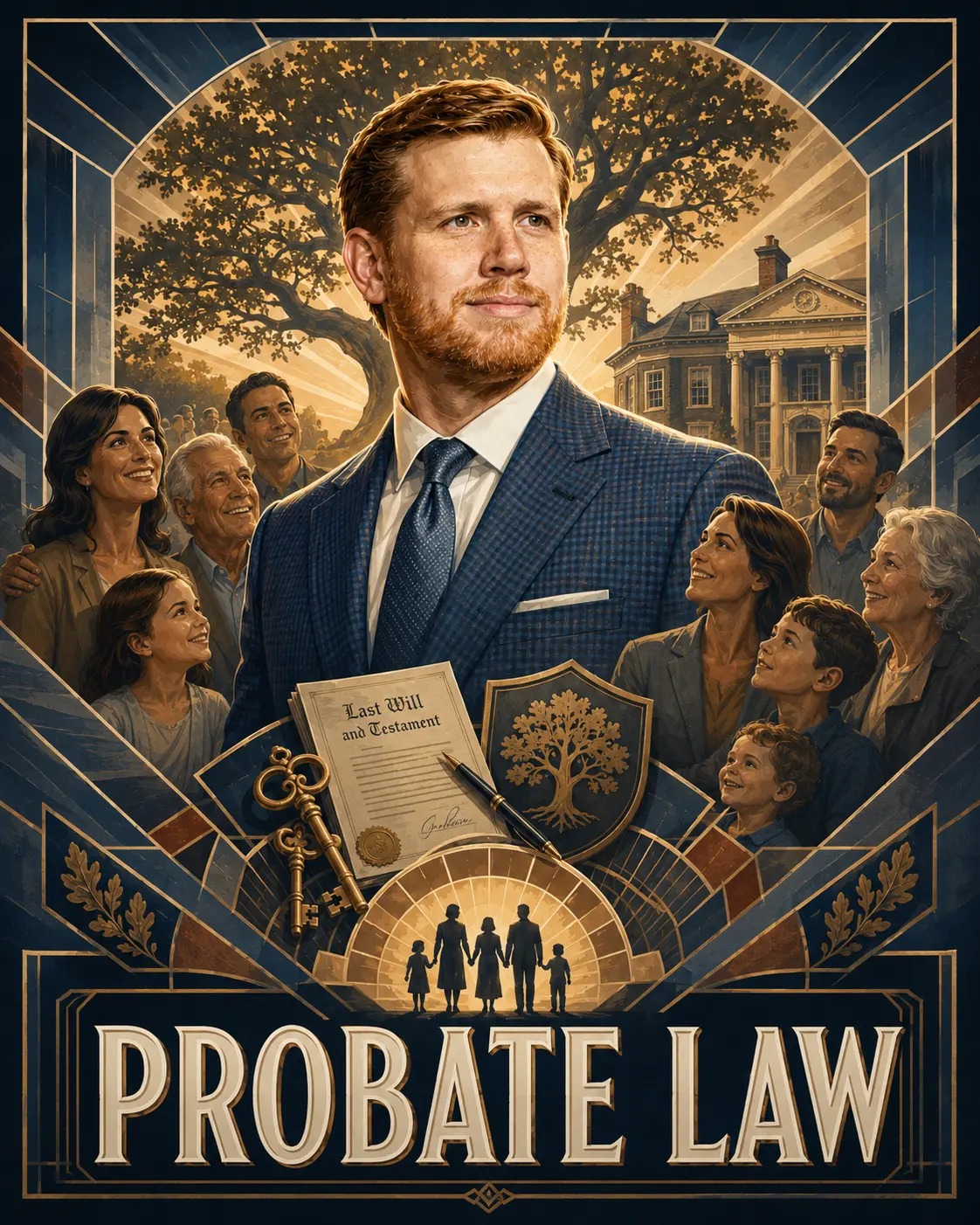 Illustration of an attorney with a family, a will, and keys for estate planning and probate